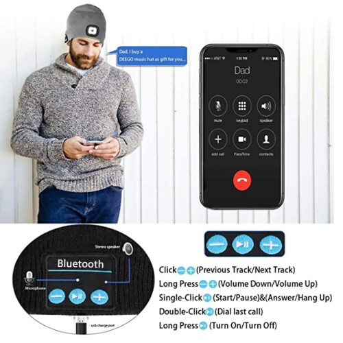 Bonnet Bluetooth Morttic avec lampe frontale LED, rechargeable et mains libres, compatible Bluetooth – Gris 2