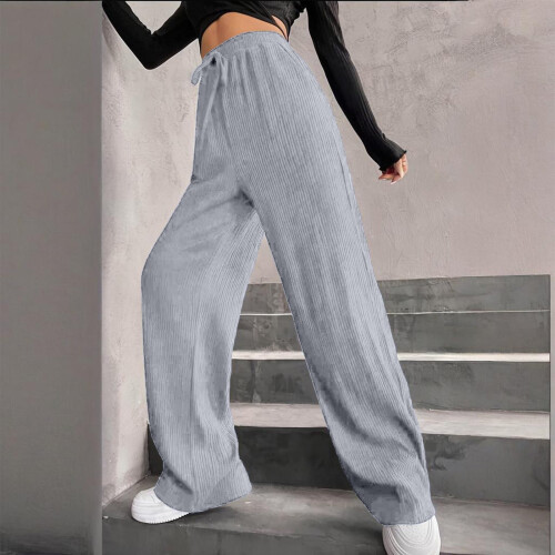 Pantaloni da jogging da donna a vita alta e gamba larga con elastico a coste 2