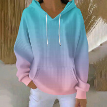 Dameshoodie met ombréprint, zakken, capuchon met trekkoord, casual losse pasvorm, gebreide katoenen sweater met lange mouwen