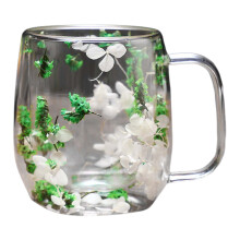 Dubbelwandige glazen beker 250 ml/390 ml, geïsoleerde transparante beker met gedroogde bloemen – Artistiek drinkgerei voor warme en koude dranken