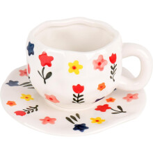 Floral Ceramic Coffee Cup & Saucer Set, Handmade White Cloud Tea Cup, Underglaze Tableware for Espresso, Latte, Milk or Tea