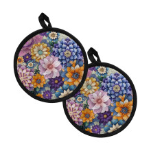 2-Pack 8" Round Boho Mandala Pot Holders & Oven Mitts, Heat Resistant, Non-Slip, Breathable Cotton Liner, Compatible with Kitchen Trivets
