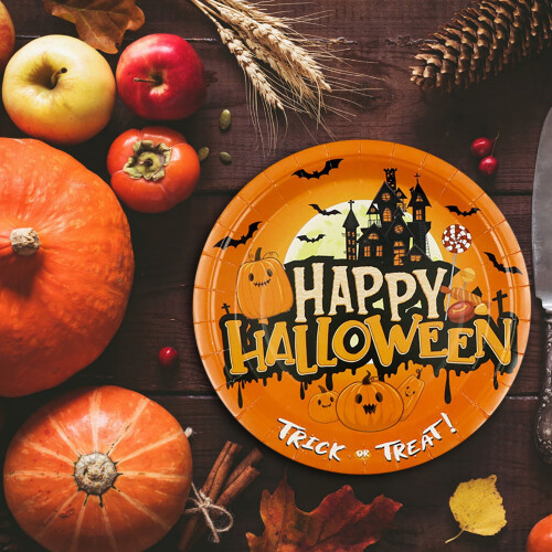 Pratos de Papel de Halloween de 18 cm (7 polegadas) – Estampa de Abóbora, Pacote com 10 2