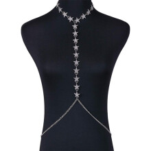 Rhinestone Star Bikini Harness Body Chain with Choker Sexy Belly Waist Chain Beach Nightclub Body Jewelry for Women and Girls (Silver)