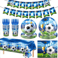 Virenlux Blue Football -syntymäpäiväjuhlakoristeet: lautaset, lautasliinat, kupit, pöytäliinat, kakunkoristeet, bannerit, pyörteet,