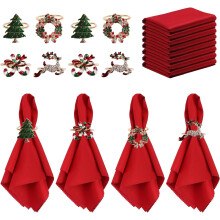 16-Pc Christmas Napkin & Ring Set: 8 Washable Red Cloth Napkins + 8 Exquisite Napkin Rings – Compatible with Holiday Table Decor