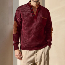 SYMOID Big & Tall Men's 3XL Wine Henley Sweater – Textured Knit, Elbow Patches, Chest Pocket, Ribbed Hem, Soft Stretch