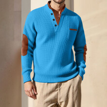 SYMOID Men's Henley Sweater - Sky Blue, Size L - with Elbow Patches & Chest Pocket, Soft Stretch Durable Knit for Daily Casual Wear