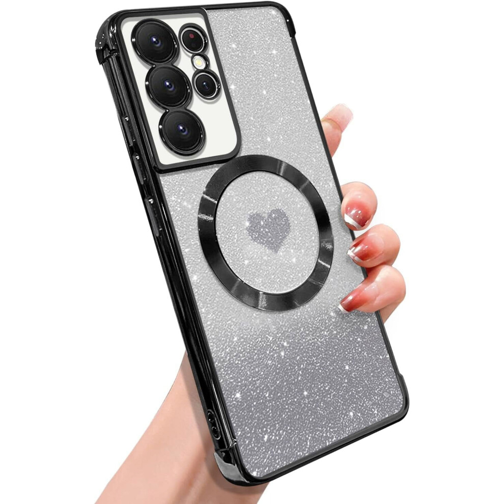 Magnetic Galaxy S21 Ultra Case For Women Â Soft Luxury Bling Gradient Glitter Heart Cover, Magsafe-Compatible, Clear Shockproof, 6.8", Black 9327961833098