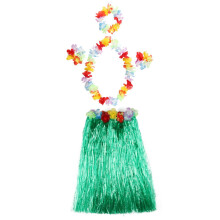 5Pcs Hawaiian Fancy Dress Hula Costume Grass Skirt Flower Garland Bra Aloha Set - Green
