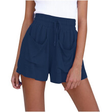 Shorts esportivos femininos plus size, em mistura de algodão e linho, com cintura elástica, cordão, bolsos, verde militar, confortáveis para