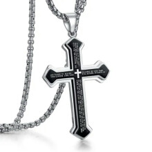 Men Women Big Cross Pendant Necklace Stainless Steel Lord's Prayer Chain 24"-Silver-3mm Rolo Link