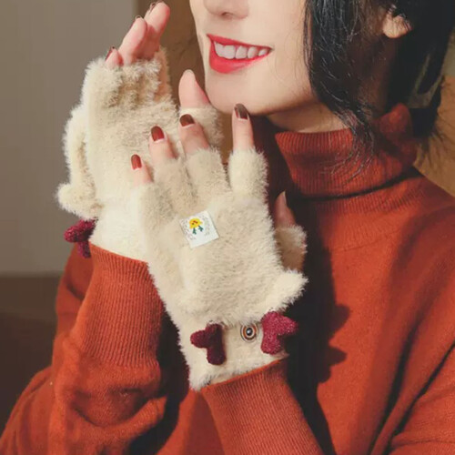Beige Plush Fingerless Gloves with Cartoon Pattern 2