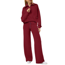 Conjunto de moletom feminino de duas peças para outono/inverno, composto por blusa de moletom com meio zíper e gola lapela, e calça pantalona com