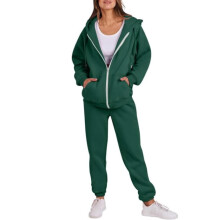 Conjunto de calça jogger elástica e blusa de moletom com zíper frontal para mulheres. Confeccionada em poliéster leve com bolsos funcionais.