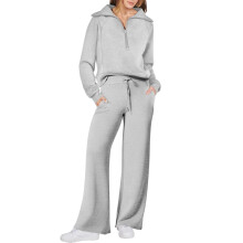 Conjunto de moletom feminino de duas peças para outono/inverno, composto por blusa de moletom com meio zíper e gola lapela, e calça pantalona com