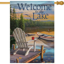 Bandiera decorativa per esterni con sedie Adirondack sul lago estivo, in tela di iuta bifacciale (71x102 cm), compatibile con temi lago, barca e