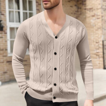 Herren-Strickcardigan mit V-Ausschnitt, einfarbig, Jacquardmuster, langen Ärmeln, weichem Wollmischgewebe, lässigem Stil für den Alltag.