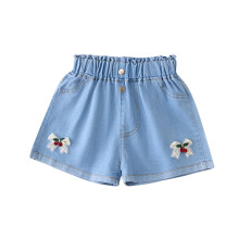 Girls 4-13 Years Summer Stretchy Denim Shorts with Cherry Bow Design Elastic Waist Casual Outfit