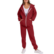 Conjunto de calça jogger elástica e blusa de moletom com zíper frontal para mulheres. Confeccionada em poliéster leve com bolsos funcionais.