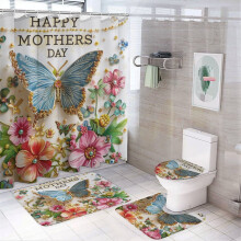 Mother's Day Butterfly Shower Curtain Set (4pc) with Rug, Toilet Lid Cover & Non-Slip U-Shape Mat – Compatible with Standard Showers