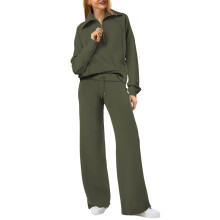 Autumn Winter Womens Two Piece Tracksuit Outfit Half Zip Lapel Sweatshirt and Wide Leg Pants with Pockets for Daily Wear