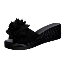 Women's Black Floral Peep Toe Wedge Sandals PU 5.5cm Heel