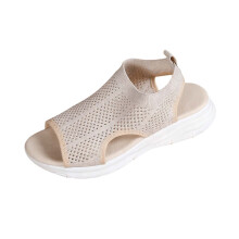 Beigefarbene Damen-Sandalen aus Strickmesh, atmungsaktive, offene Freizeitschuhe, leichte und weiche Sohle, niedriger Absatz – Sommerschuhe