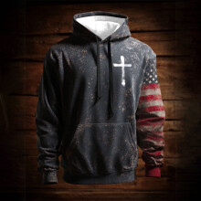 SYMOID Men's Vintage Distressed American Flag Cross Hoodie - 100% Polyester Long Sleeve with Kangaroo Pocket, Navy, Size M