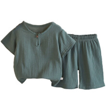 Girls' 2-Piece Set Short Sleeve Henley Top & Elastic Shorts Cotton Linen Blend Play Outfit Army Green,Size 3-4T
