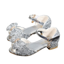 Girls Sandals Little Kids Glitter Bow Dress Shoes Crystal Low Heel Sequins Princess Sandals Toddler Flower Wedding Party Shoes Silver 27