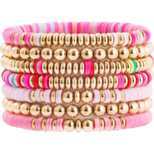 Surfer Heishi Clay Bead Bracelets for Women Bohemian Stackable Gold Beaded Stretch Bracelets Elastic Layering Friendship Bracelets Set Boho Jewelry