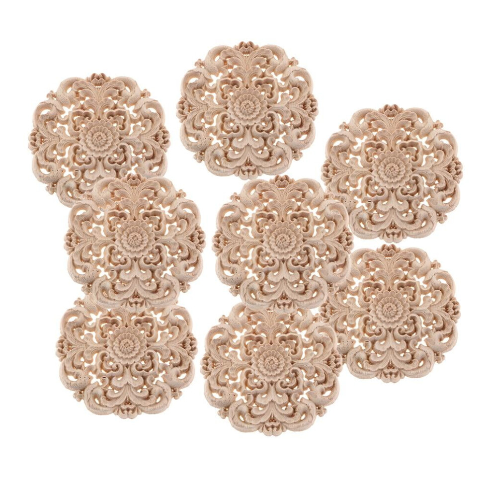 8pcs Unpainted Wood Carved Flower Onlay Applique Furniture Craft Decal Ornaments