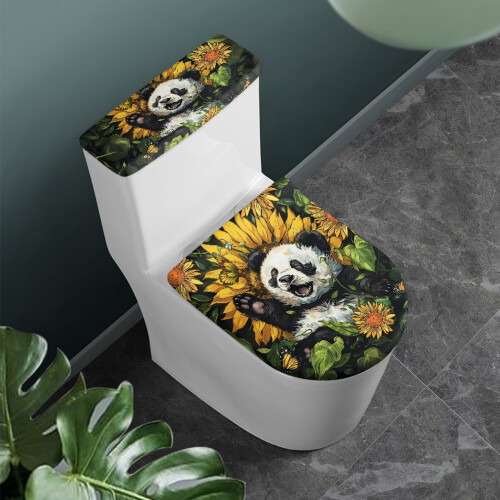 Panda- und Sonnenblumen-WC-Deckelbezug mit elastischem Rand 1