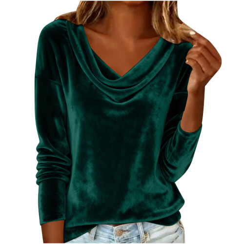 Top de manga larga de color liso para mujer con cuello drapeado. 1
