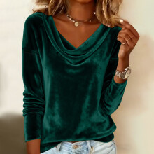 Top de manga larga de color liso para mujer con cuello drapeado.