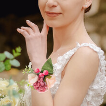 Wrist Corsage Wristlet Band Bracelet Pink Silk Flower 1Pack for Wedding Ceremony
