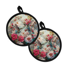2-Pack 8" Hummingbird Peony Pot Holders & Oven Mitts, Heat Resistant, Non-Slip Quilted, Breathable Cotton-Liner Trivets