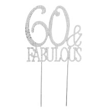 Cake Topper Glitter Alloy Rhinestone 60th Birthday Silver