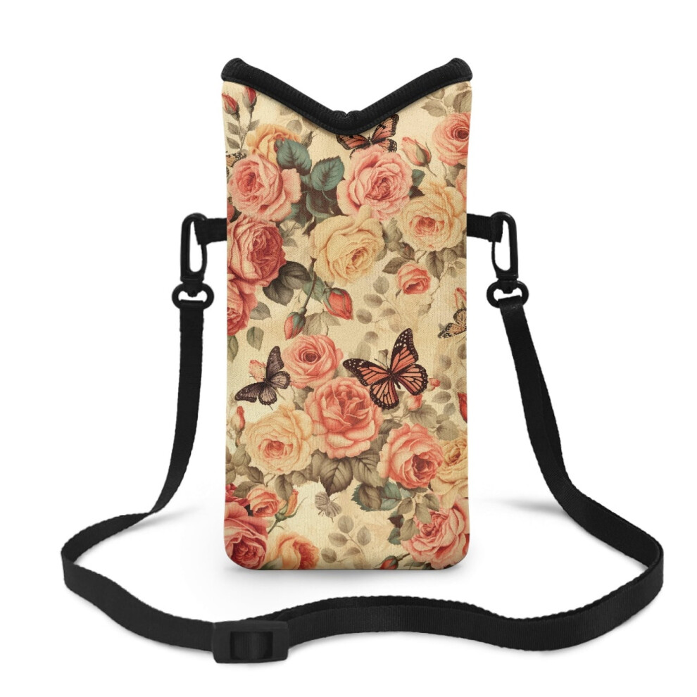 Stylish Water-Resistant Neoprene Crossbody Phone Pouch, 4X8", Adjustable Strap & Hook-And-Loop, Vintage Rose Butterfly Â Compatible With 9482726309505