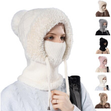 3 in 1 Beanie Hat, Fall Winter Warm Knitted Beanie Hat with Scarf and Mask for Women