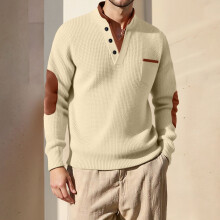 SYMOID Men's Beige Henley Sweater 2XL – Soft Stretch Knit, Elbow Patches, Chest Pocket, Ribbed Cuffs – Polyester-Rayon Blend, Compatible with
