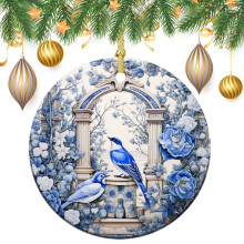 Ceramic Christmas Ornament Blue White Birds Flowers 3 inch