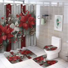 4-Pc Christmas Shower Set: Red Poinsettia & Pine Design, Shower Curtain + Rugs – Compatible with Standard Baths
