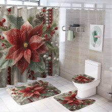 4-Pc Red & White Poinsettia Shower Set with Rugs – Waterproof, Compatible with Standard Showers