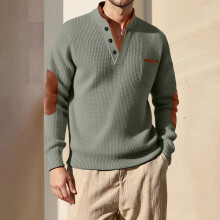 SYMOID Men's Henley Sweater: Stretchy Soft Knit with Elbow Patches & Chest Pocket, Army Green, Size 2XL - Casual for Daily Wear & Layering