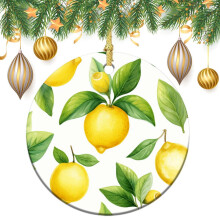 Watercolor Lemon Ceramic Ornament with Green Leaves – Yellow Xmas Tree Decor, Keepsake Gift for Family & Friends