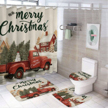 Vintage Red Truck Christmas Tree 4-Pc Bathroom Rug Set w/ Shower Curtain, Non-Slip Mats – Rustic Farmhouse Winter Forest Theme