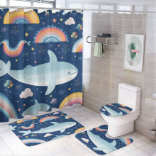 4-Pc Shower Curtain Set with Non-Slip Rug, Toilet Lid Cover & Bath Mat – Whale & Rainbow Nautical Design, Waterproof, Vintage Sea Life Decor