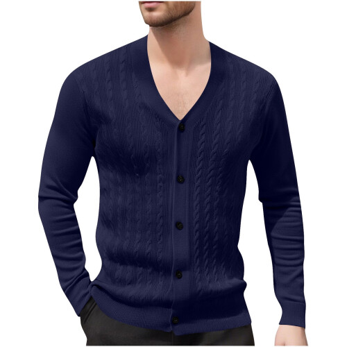 Ανδρικό Μονόχρωμο Πλεκτό Ζακέτα με V-Neck, Σχέδιο Ζακάρ, Μακρυμάνικο Πουλόβερ, 1